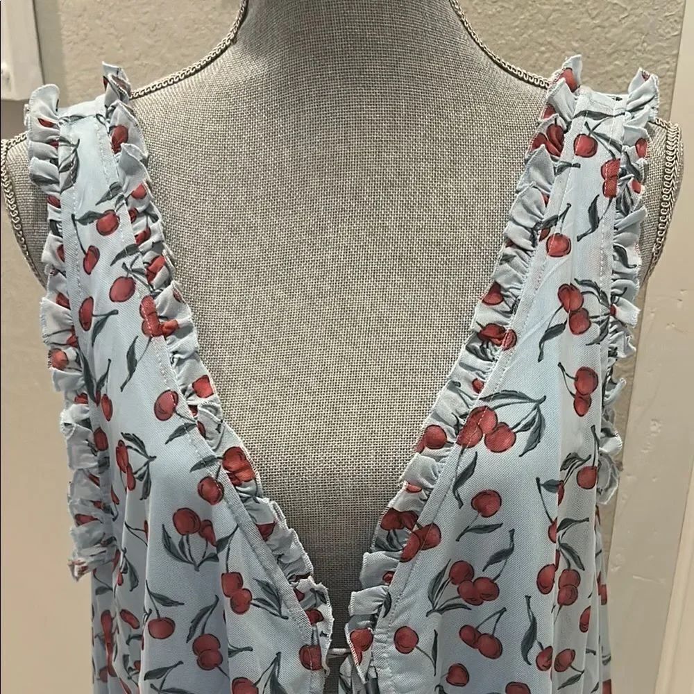 Cherry Print Ruffle Trim Top